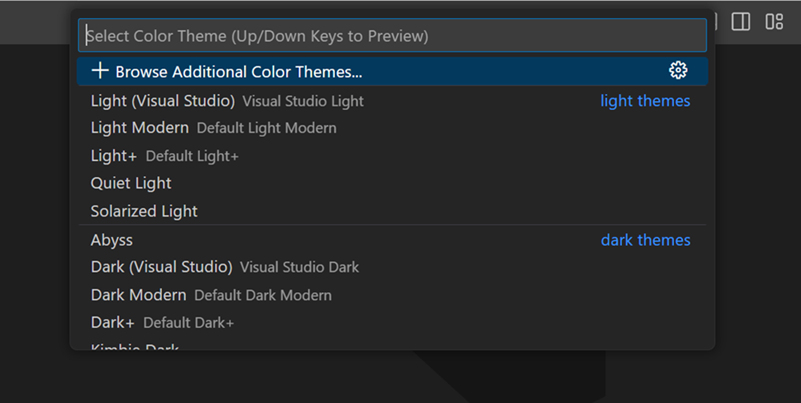 Screenshot of Color Theme picker, highlighting the option to browse themes from the LTSerialTool Marketplace.