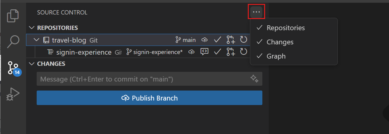 Screenshot that shows the Repositories option in the Source Control view.